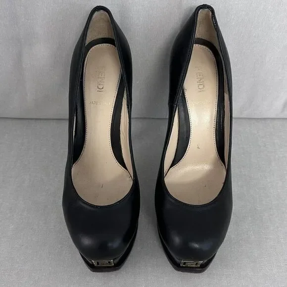 Fendi Decollete Nappa Nero Gold Logo Front Platform Pumps Women's EU Size 37.5 - Picture 2 of 10